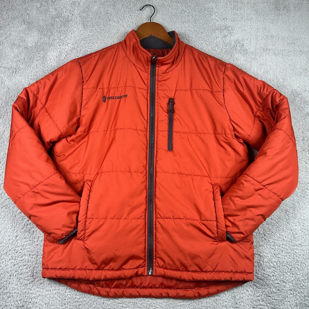 Free Country Puffer Jacket Mens Large Orange Quilted Full Zip Insulated Coat